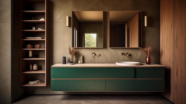 a bathroom with a blue vanity and two mirrors