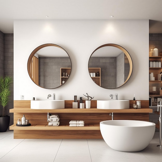 a bathroom with a blue vanity and two mirrors