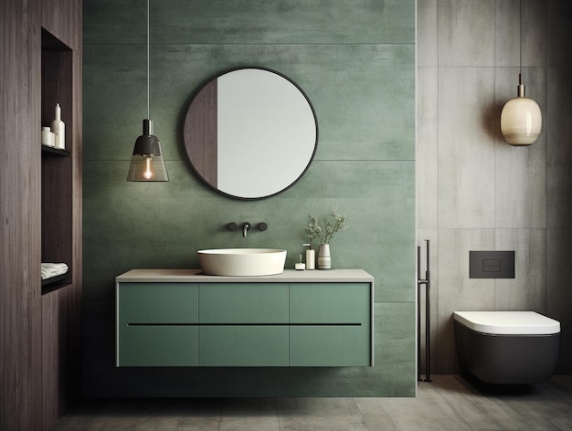 a bathroom with a blue vanity and two mirrors