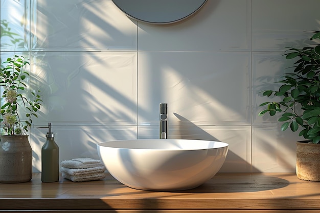 Bathroom with Clean Sink and Neutral Tiles A minimalist bathroom mockup with a clean sink and neutral tiles