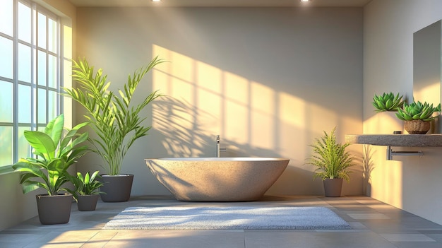 Bathroom with ecofriendly toilet stone sink potted succulents natural daylight