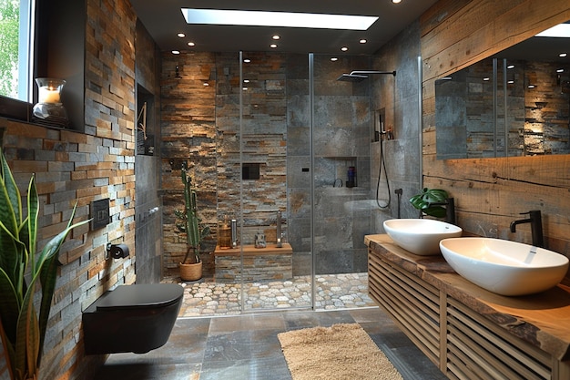 a bathroom with a fireplace and two sinks