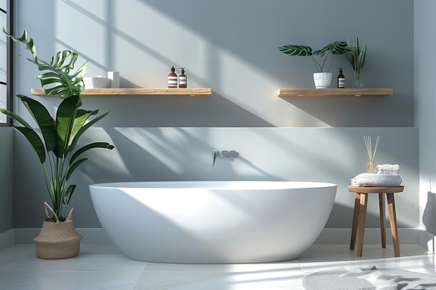 Bathroom with Floating Shelves and Modern Fixtures A clean minimalist bathroom mockup with floating shelves and contemporary fixtures