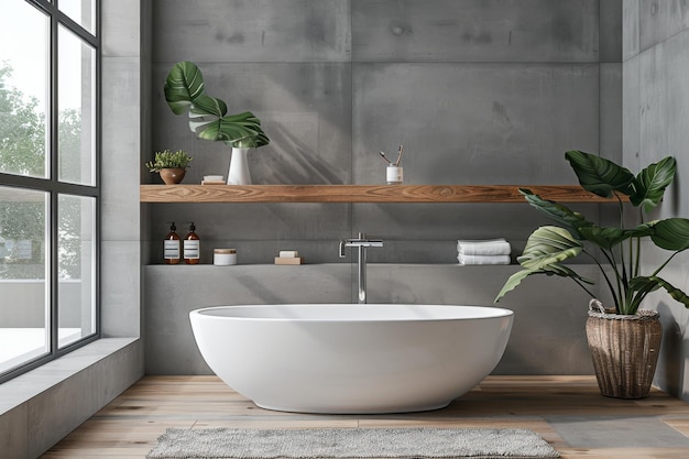 Bathroom with Floating Shelves and Modern Fixtures A clean minimalist bathroom mockup with floating shelves and contemporary fixtures