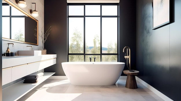 A bathroom with a freestanding tub and a window that says'the best '