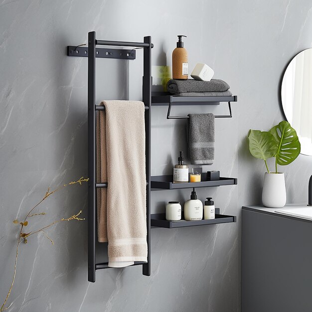 a bathroom with a gray wall and a shelf with towels on it and a mirror on the wall