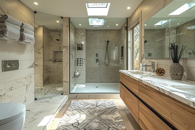 Photo a bathroom with a large glass shower stall and a toilet