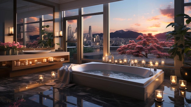 A bathroom with a large jacuzzi tub beside a large window