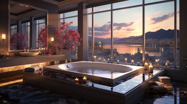 A bathroom with a large jacuzzi tub beside a large window