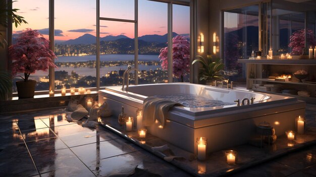 A bathroom with a large jacuzzi tub beside a large window