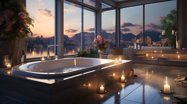 A bathroom with a large jacuzzi tub beside a large window