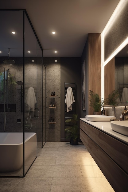 A bathroom with a large mirror and a large mirror above the sink.