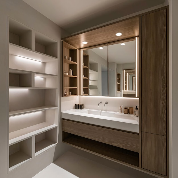 a bathroom with a large mirror and a large mirror