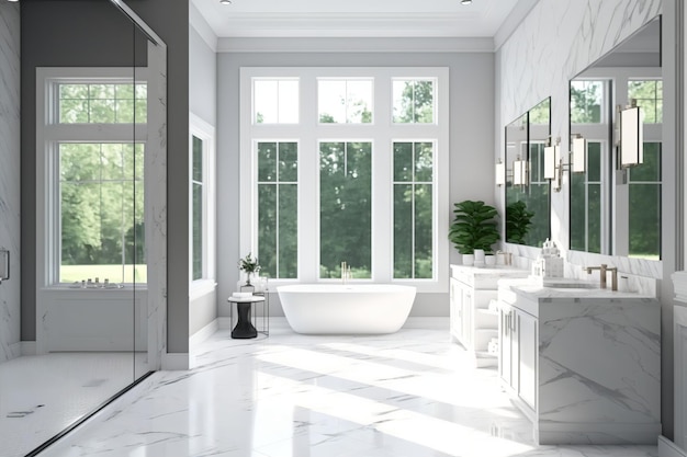 A bathroom with a large mirror and a sink