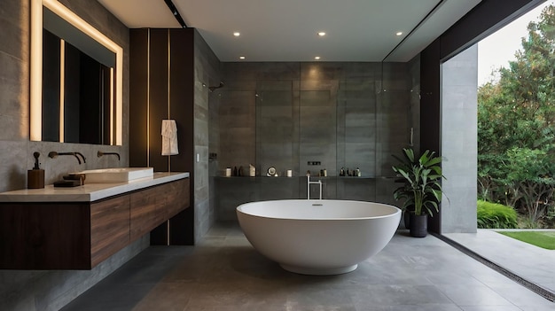 a bathroom with a large tub and a large mirror above it