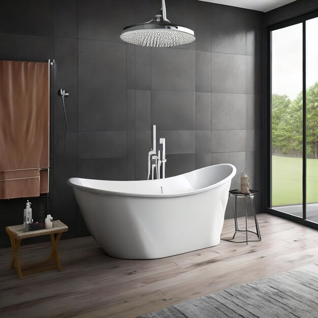 A bathroom with a large white bathtub and a large window