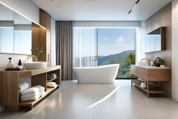 A bathroom with a large window and a bathtub with a view of the mountains.