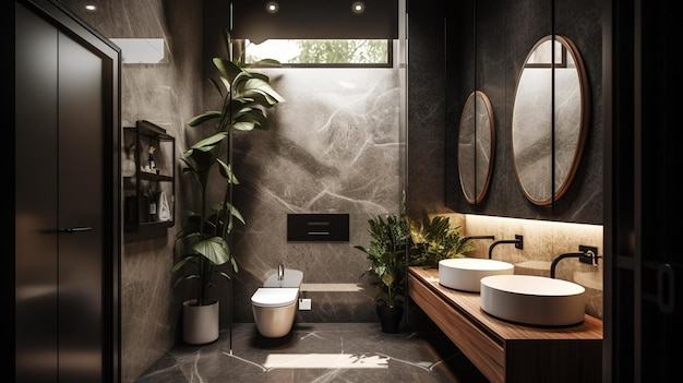 A bathroom with a large window above the sink and a large mirror above it.