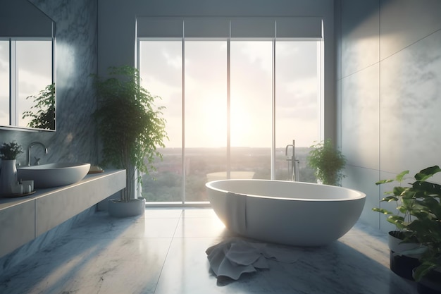 A bathroom with a large window that has a plant on it.