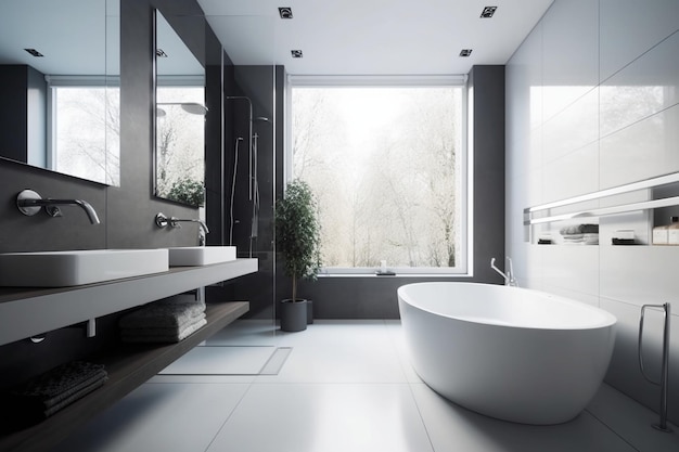 A bathroom with a large window that has a plant on it.