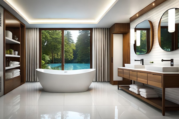 A bathroom with a large window that has a view of the forest.