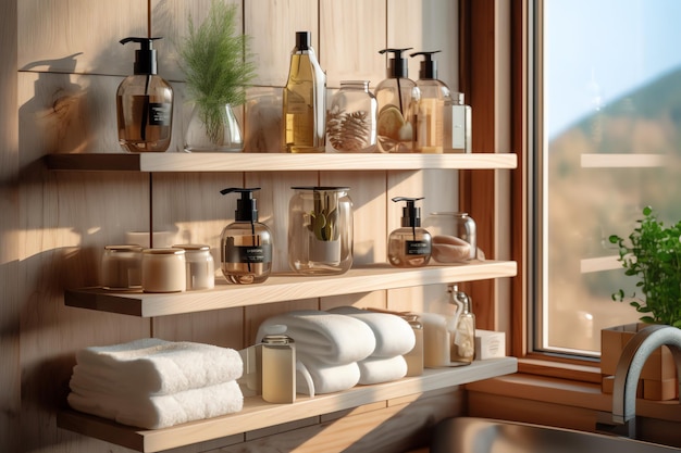 A bathroom with a large window that has a view of the sea.