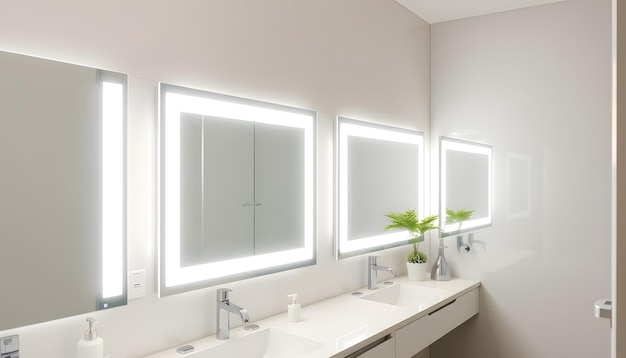 Photo bathroom with led backlit mirrors providing even shadowfree lighting for grooming isolated with