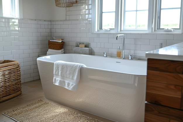 Bathroom with Minimalist Tub and Fixtures Minimalist tub clean fixtures and simple tile design Modern and elegant