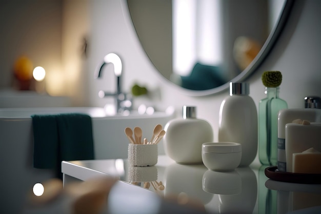 A bathroom with a mirror, bottles, and a bottle of soap.