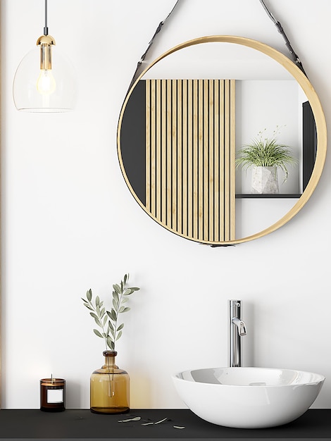 A bathroom with a mirror and a shelf with a plant on it