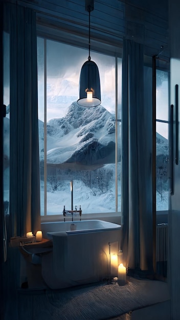 A bathroom with a mountain in the background