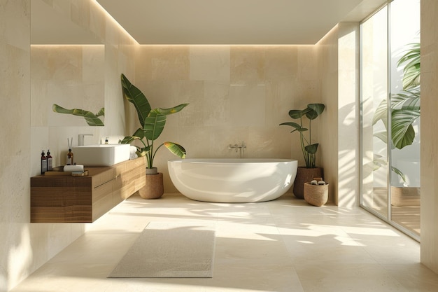 Bathroom with Neutral Decor and Soft Lighting A clean minimalist bathroom mockup with soft lighting and neutral decor