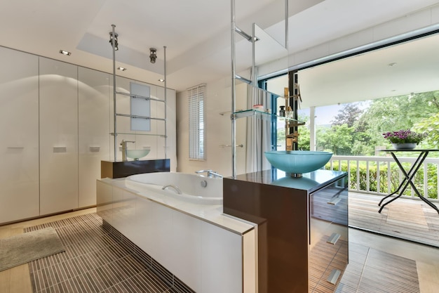 Bathroom with an open design and a cozy bathtub