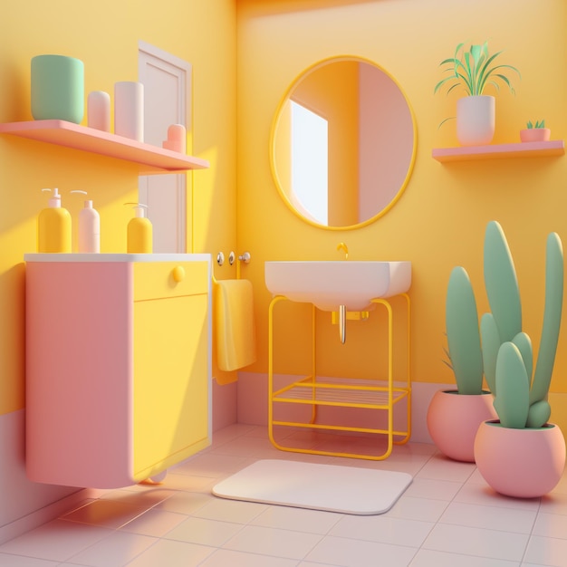 Bathroom with pink and yellow walls and cactus plants Generative AI