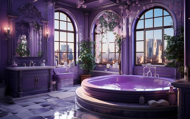 A bathroom with a purple bathtub and two windows AI