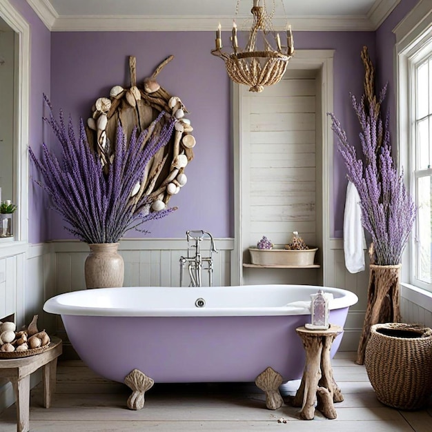 a bathroom with a purple bathtub and a wicker basket with a purple plant in it