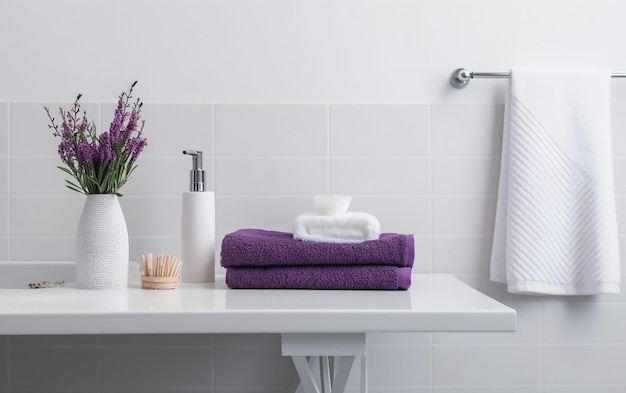 A bathroom with purple towels and a white towel on a counter.