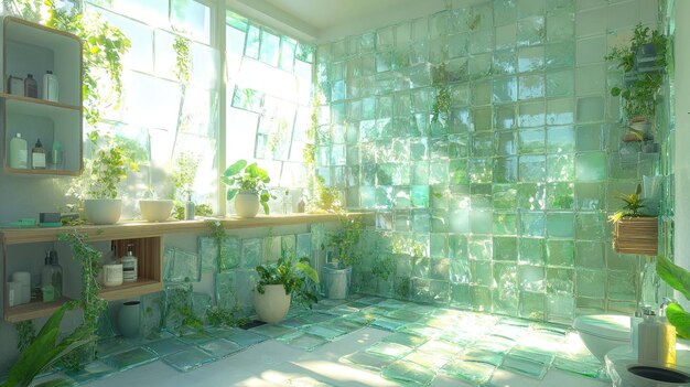 Photo bathroom with recycled glass tiles bamboo shelving plants on the counter bright natural light