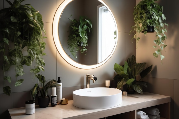 A bathroom with a round mirror and a round mirror with a light around it.