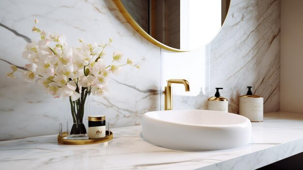 A bathroom with a round mirror and a sink with white flowers in front of it.