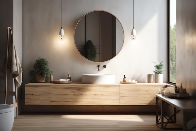 A bathroom with a round mirror and a sink with a wooden bowl and a plant on the side.