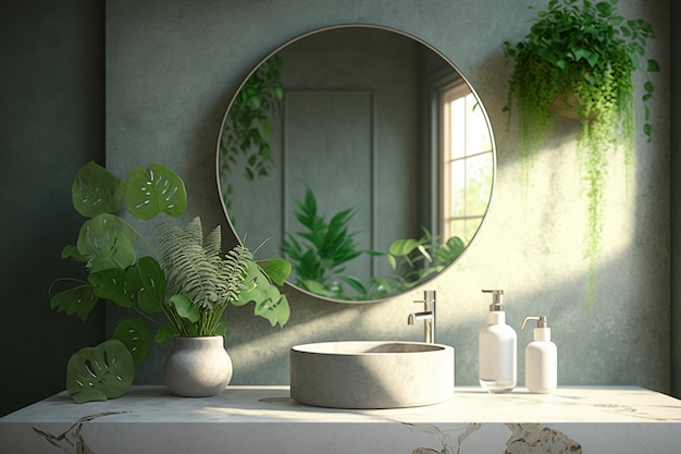 Bathroom with round mirror tropical style and green plants Home modern stylish bathroom interior mockup Generative AI