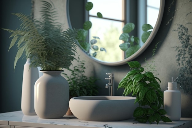 Bathroom with round mirror tropical style and green plants Home modern stylish bathroom interior mockup Generative AI