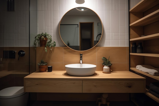 A bathroom with a round mirror and a wooden vanity with a round mirror.