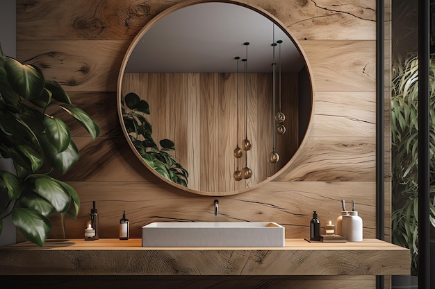 A bathroom with a round mirror and a wooden wall.