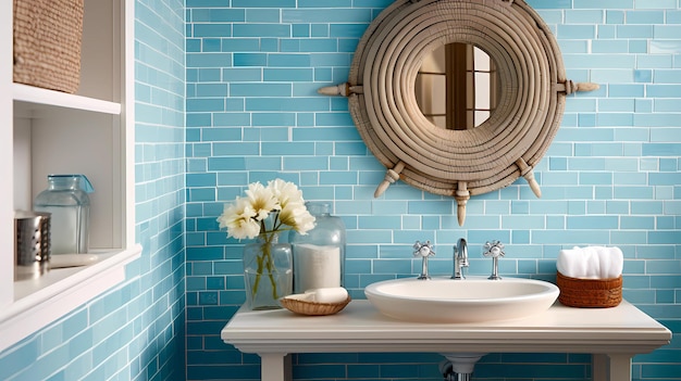 bathroom with seablue mosaic tiles and whitewashed wooden accents