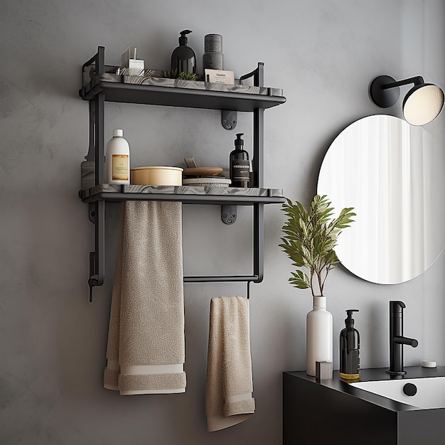 a bathroom with a shelf that has a mirror and a shelf with various products on it