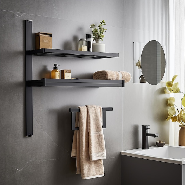 a bathroom with a shelf that says bathroom and a sink