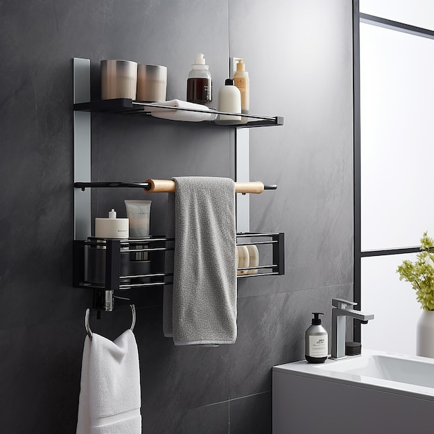 a bathroom with a shelf with a shelf with towels and a bottle of shampoo