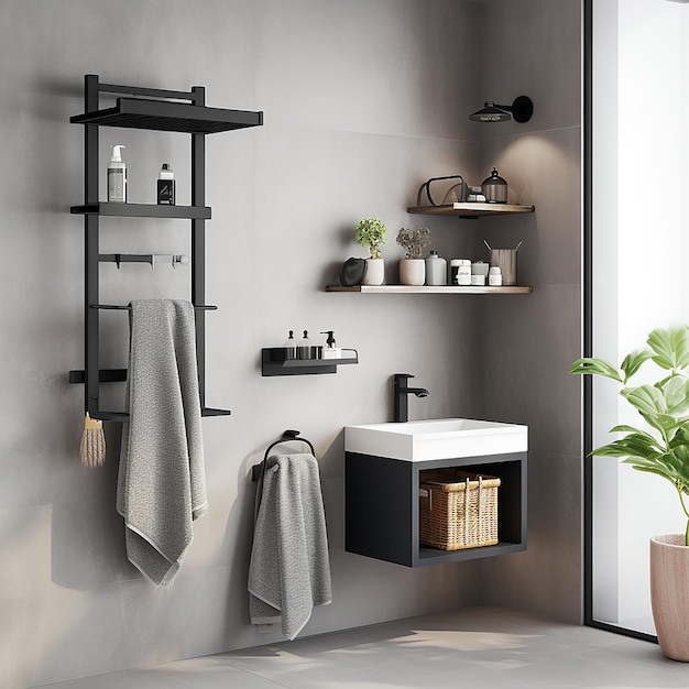 a bathroom with a shelf with towels and bathroom accessories